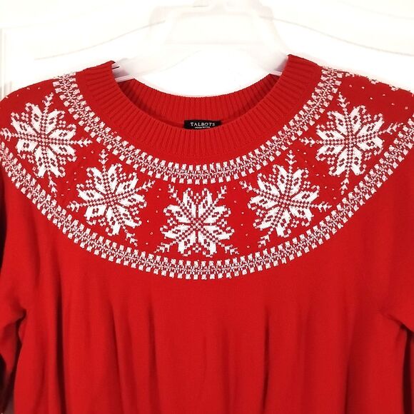 Talbots Womens 2XP Red Beaded Sweater Snowflake Lambswool Blend 3/4 Sleeve - Picture 2 of 5